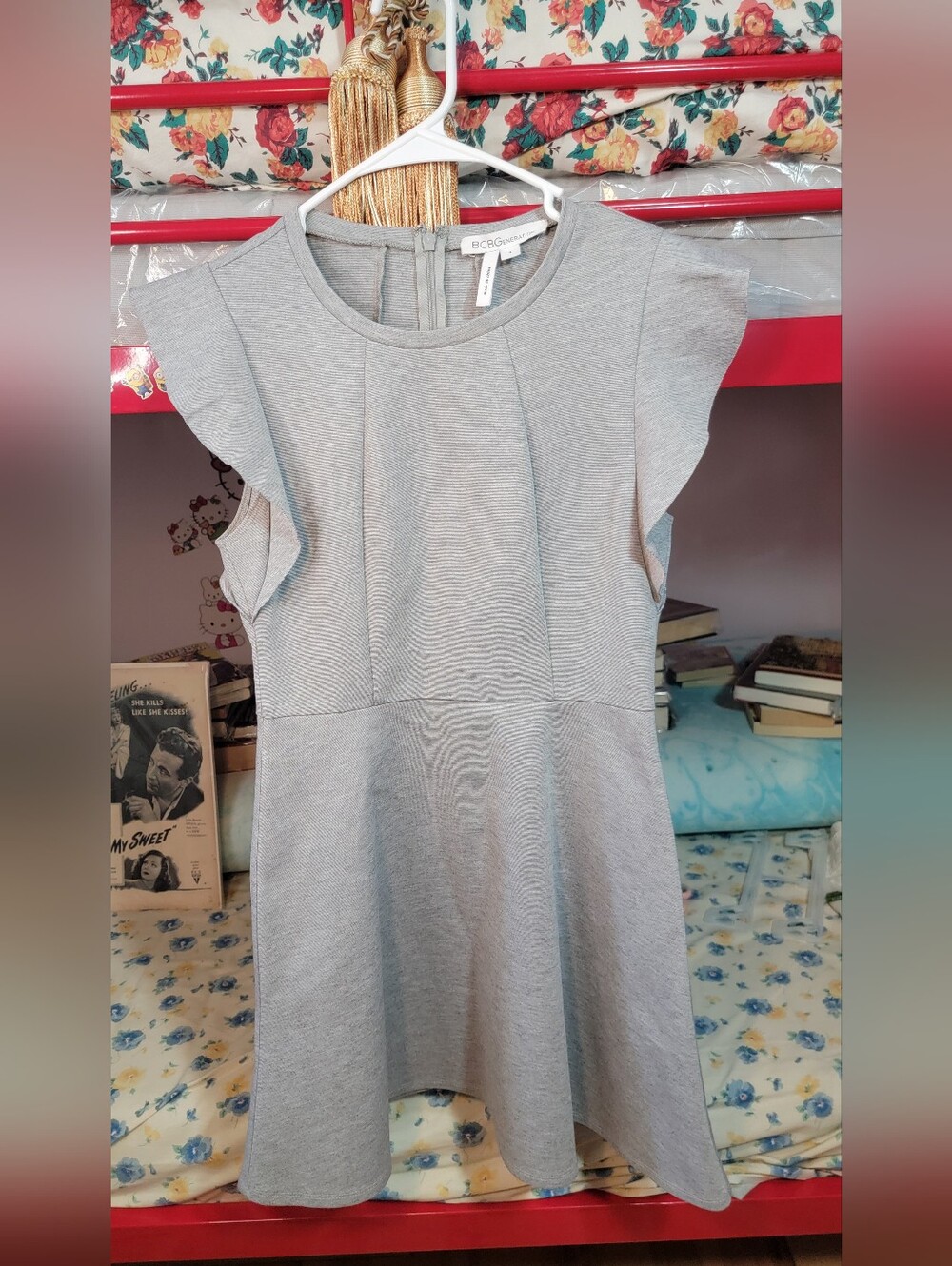 BCBGeneration Light Grey Midi Dress with Flutter Sleeves Size 4